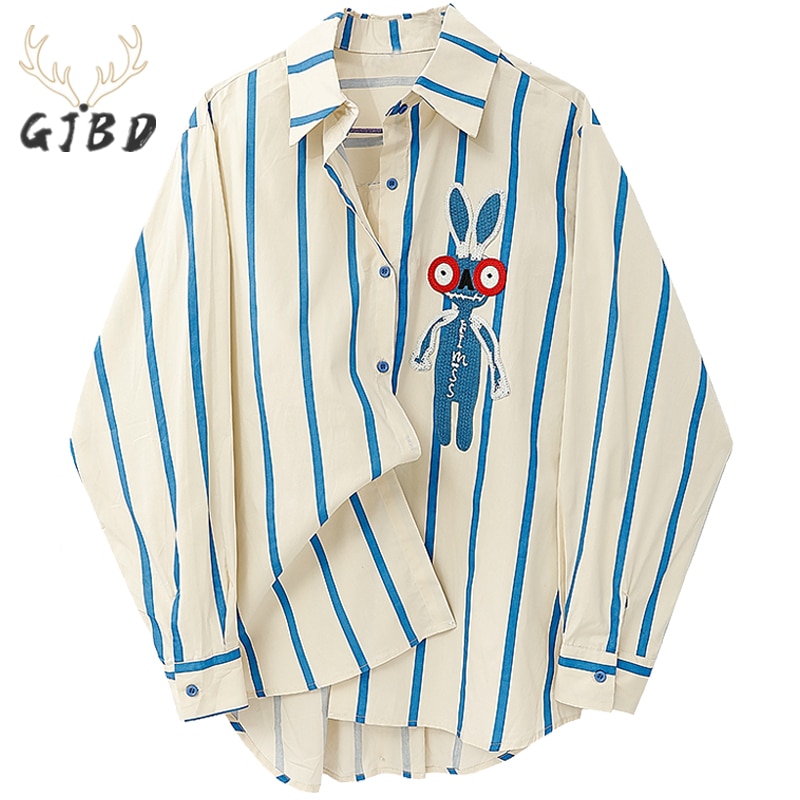 Women's Blue Stripe Shirts Polo Collar Rabbit Embroidery Long Sleeves Vintage Casual Fashion Baggy Ladies Blouse Tops Sprin