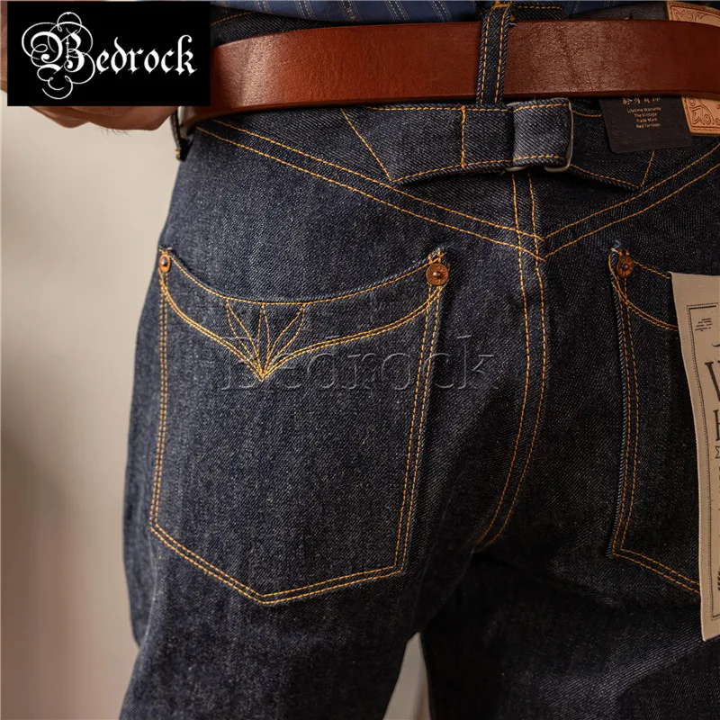 14 oz Unwashed High Waist Selvedge Denim Jeans For Men Vintage Buckleback Original Design Pocket Loose Straight Jeans Pants