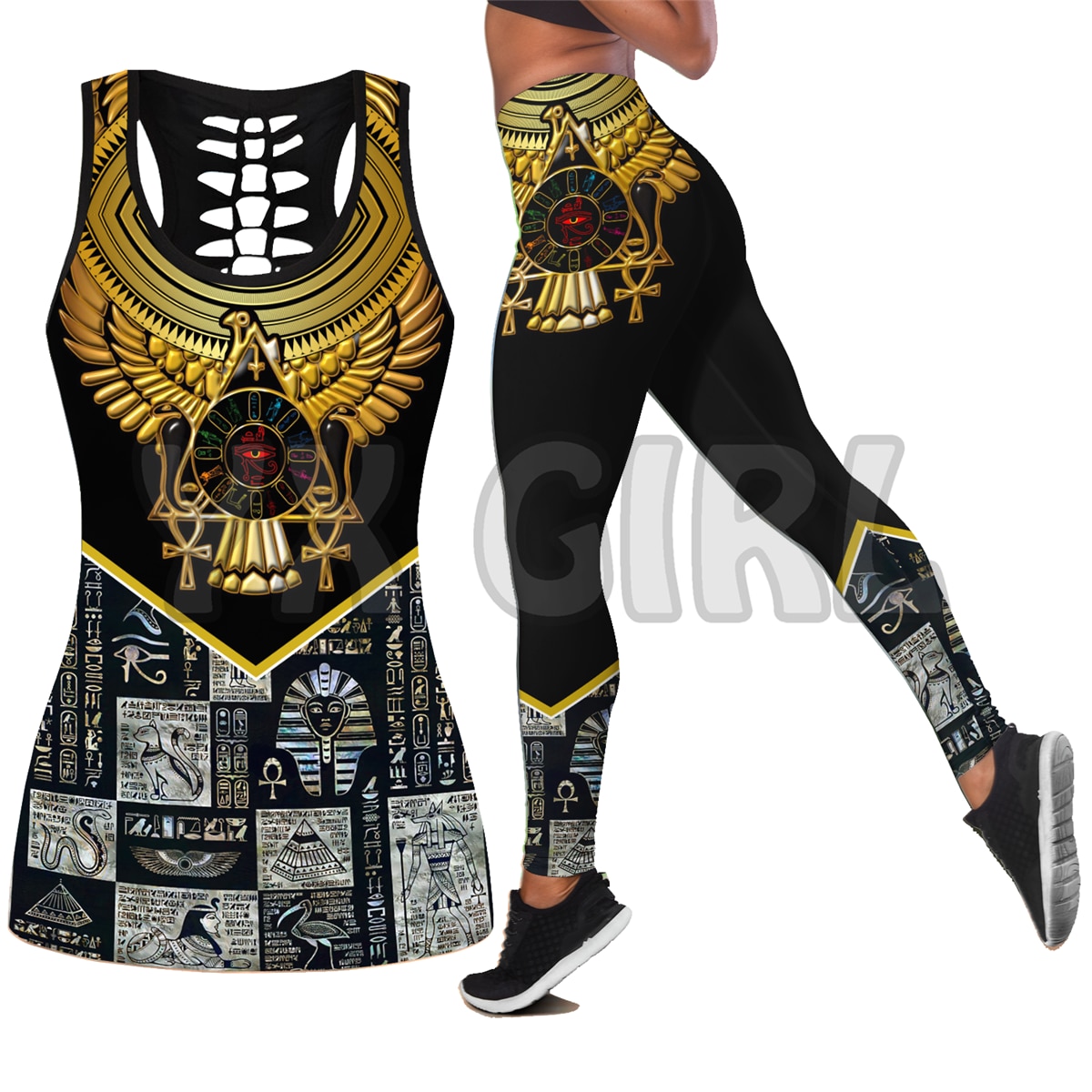 Eagle Warrior Polynesian Tattoo 3D Printed Tank Top+Legging Combo Outfit Yoga Fitness Legging Women