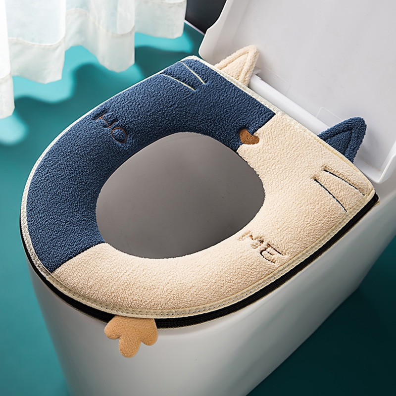 Cute Cartoon Cat Design Warm Toilet Seat Cover with Handle Thicken Plush Toilet Mat Universal Toilet Cushion Bathroom Aceesories
