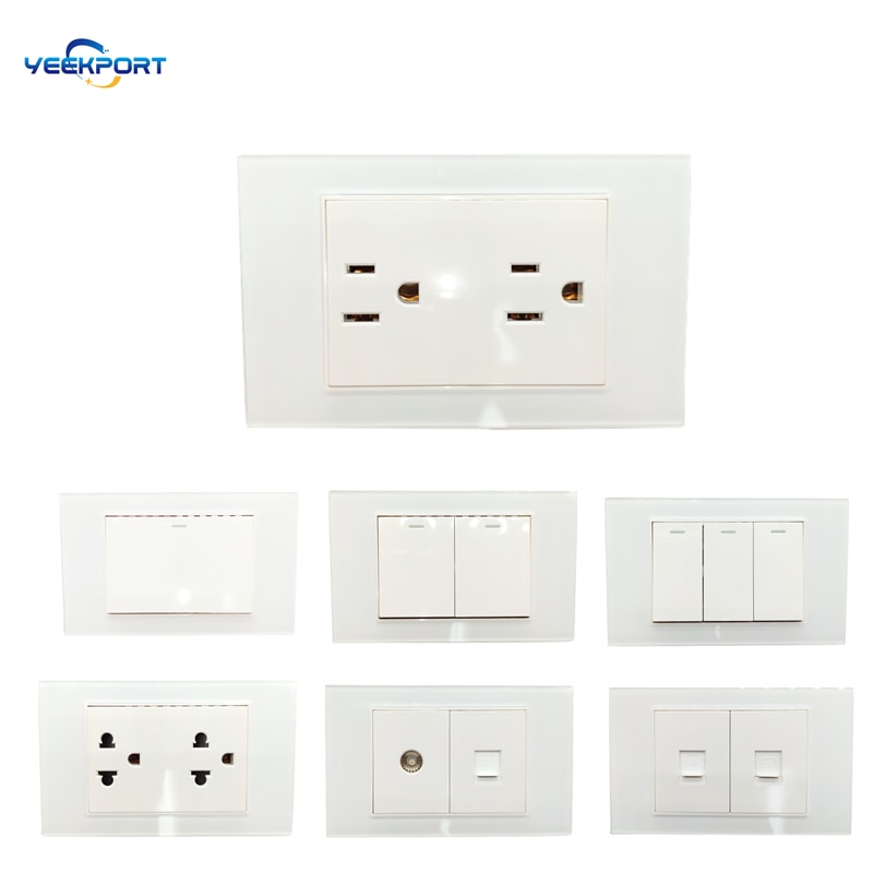 118mm American Household Standard 2Gang White Tempered Glass Panel 16A 3hole Power Plug Wall Socket And Switch Combination