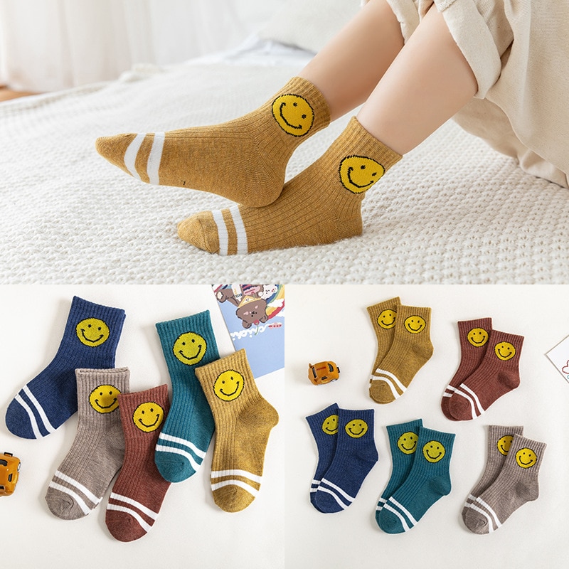 5 Pairs Spring Autumn Children Socks Cute Yellow Smiley Chrysanthemum Soft Cotton Boys Girls Tube Socks Baby Sports Socks 1-12y