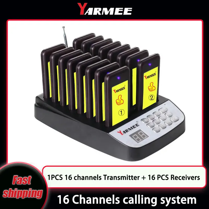 Wireless Waterproof Restaurant Pager Calling System Queuing 16 Channels Transmitter + 16 Coasters Radio receiver For Coffee shop