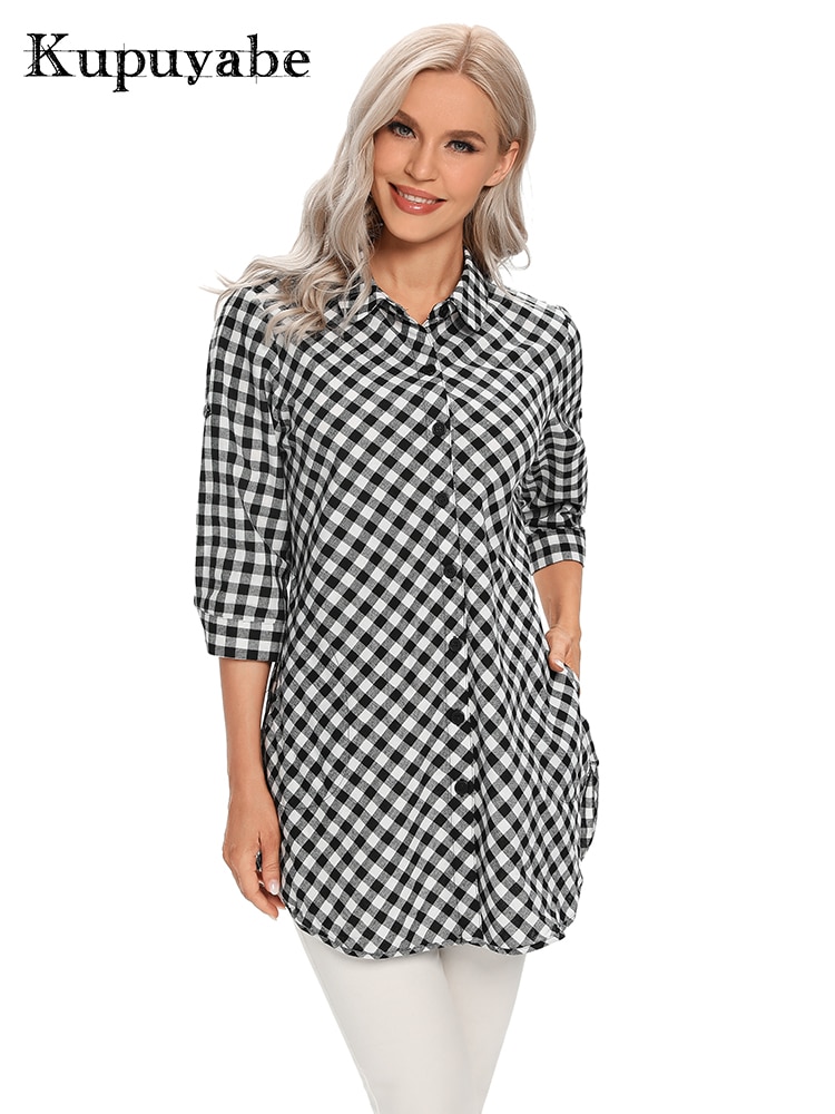 KUPUYABE Women's Shirt Cotton Plaid Button Shirts 3/4 Sleeves Lapel Casual Ladies Shirts