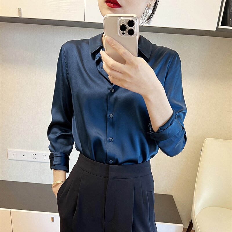 Autumn Fashion Button Up Satin Silk Shirt Vintage Blouse Women White Lady Long Sleeves Female Loose Street Shirts