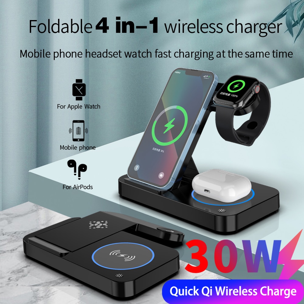 30W 4 in 1 Qi Fast Wireless Charger Stand For iPhone 13 14 12 Apple Watch Foldable Charging Dock Station for Airpods Pro iWatch