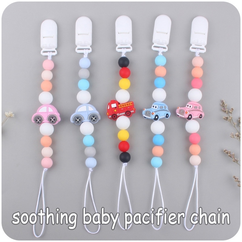 Baby Silicone Beads Pacifier Clip with Car Fire Truck Soothing Toy Teether Chain