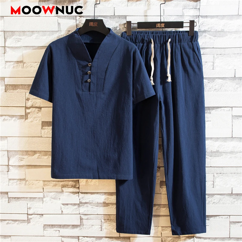New Summer Chinese Style Men's Casual Sets Ninth Pants Sportswear Jogger Male Fashion 2022 Tracksuits Hombre Fit MOOWNUC