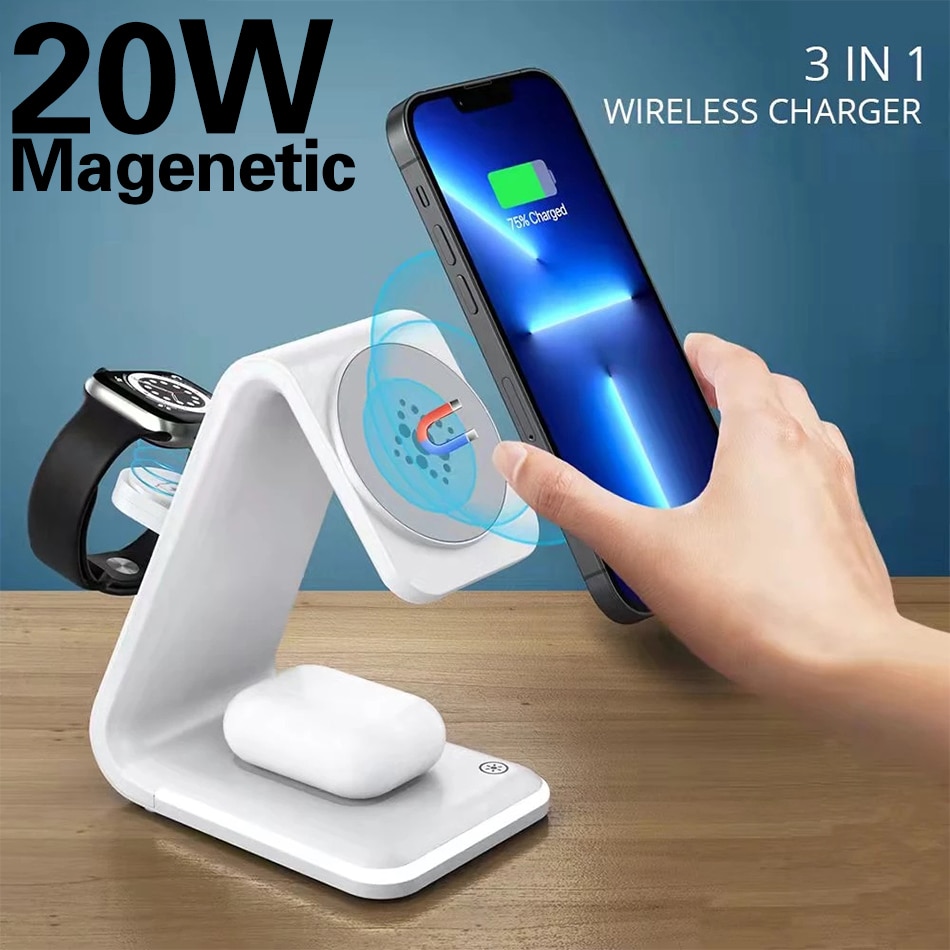 20W 3 in 1 Magnetic Wireless Charger Stand for iPhone 13 12 Pro Magnet Phone Chargers for Apple Watch 7 6 5 4 3/Airpods Pro 3 2