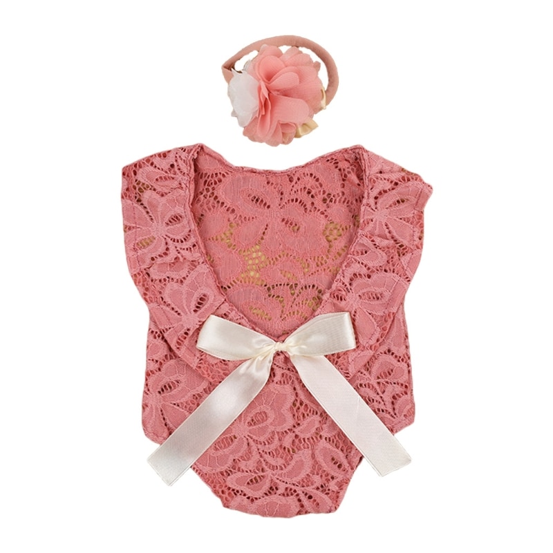 Baby Bow Lace Romper Headband Set Newborn Photography Props Bodysuit Jumpsuit with Flower Hair Band Costume