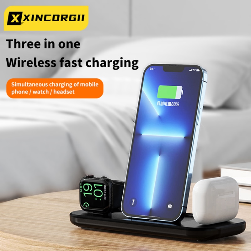 3 in 1 Wireless Charger Stand For iPhone 13 12 11 Pro Max Fast Wireless Charging Station Dock For Apple Watch 7 6 SE AirPods Pro