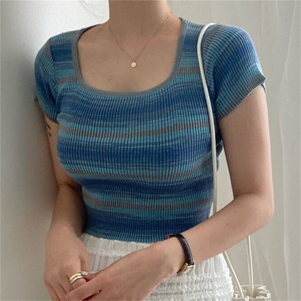 Alien Kitty Women Stripes Knitted Sexy Tees Sweater Summer High Waist Slim New Chic 2022 Fashion Short Sleeve All Match T-Shirts