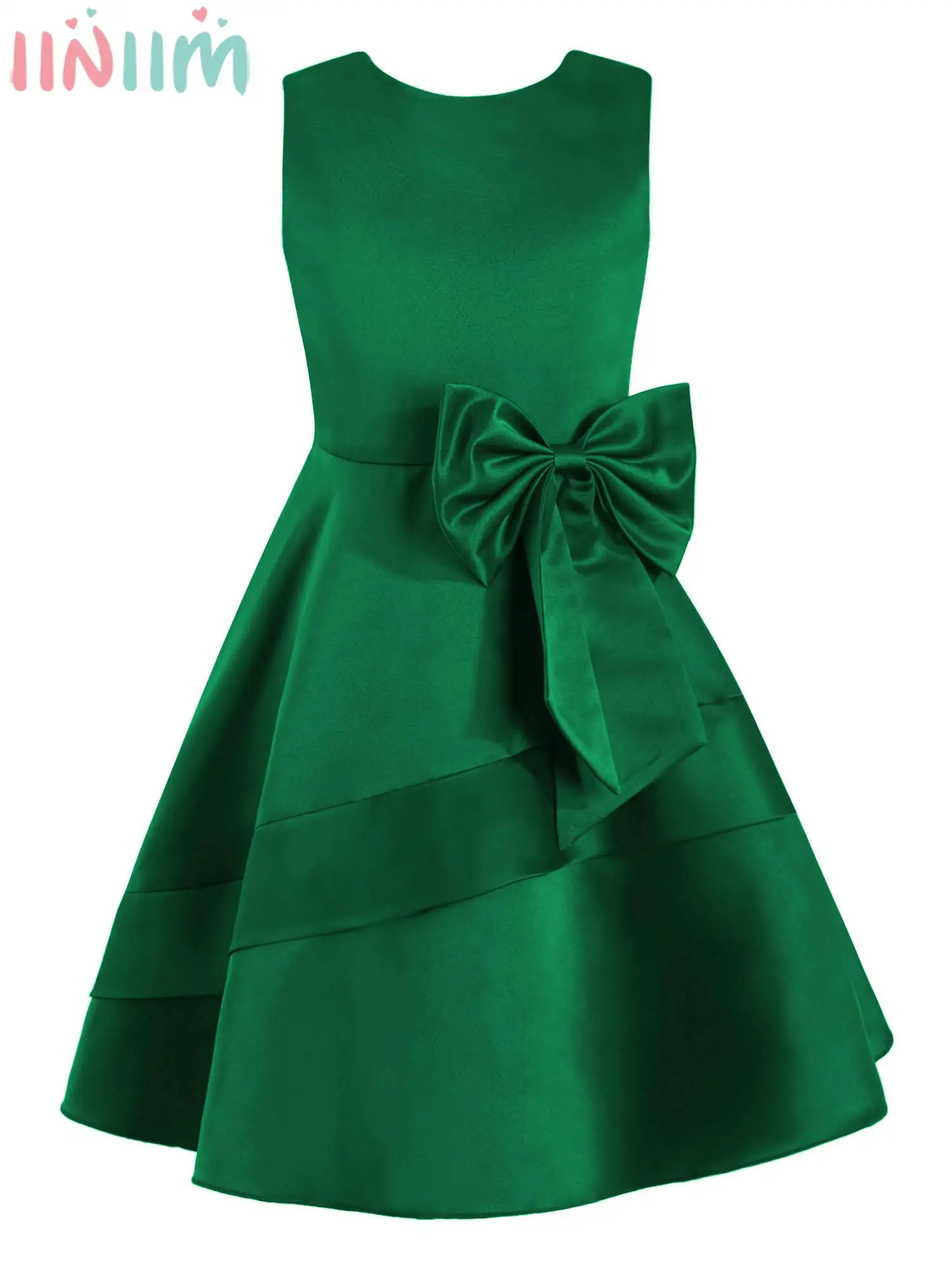 Kids Girls Elegant Satin Party Dress Sleeveless Applique A-Line Princess Dresses Gown for Wedding Birthday Evening Pageant Prom