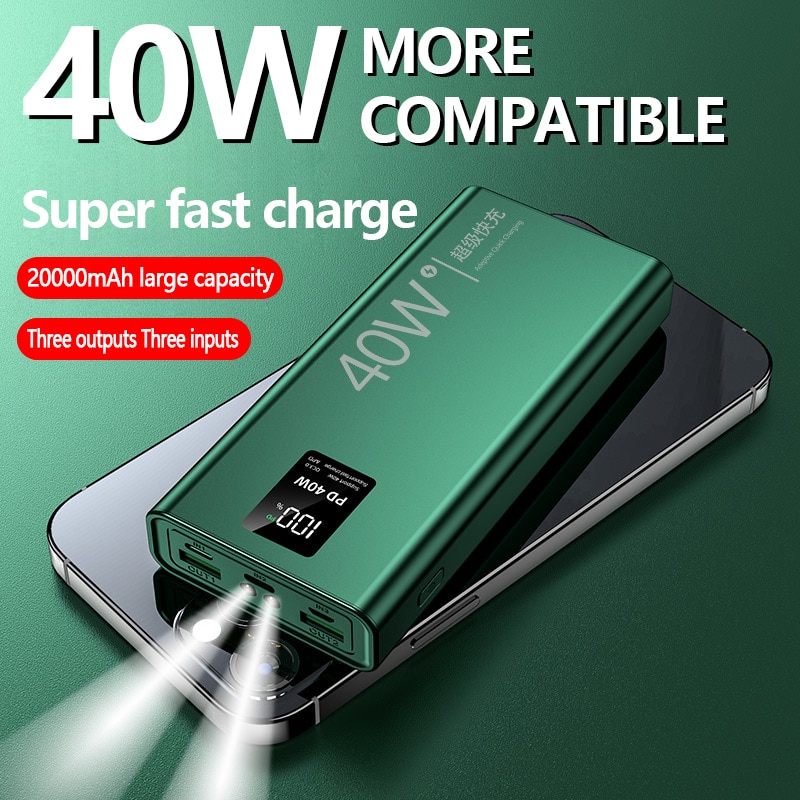 10000/20000mAh Power Bank 40W Super PD Fast Charging Portable Two-way External Battery Dual USB with LED Light Digital Display