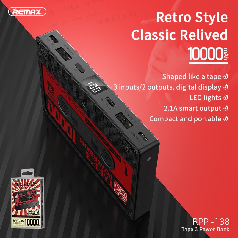 Remax 10000mAh Power Bank with Digital Display 2.1A Fast Charge Portable Mini Battery Retro Tape Design for Apple Xiaomi Huawei