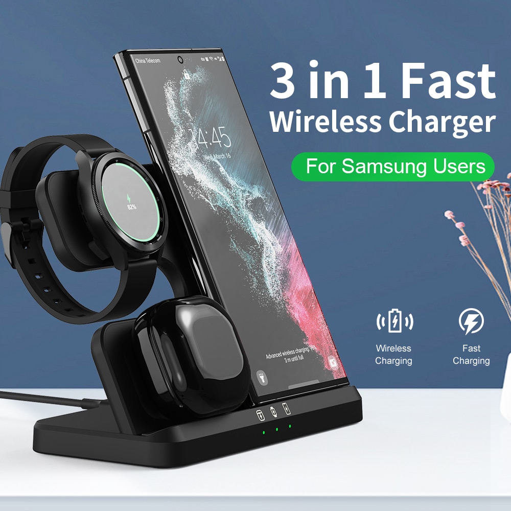 3 in 1 Wireless Charger Stand 15W Fast Charging for Samsung Galaxy S22/S21/S20/S10 Watch 3 4 Classic Active 2 LTE Buds Pro Live