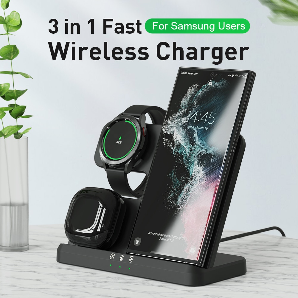 3 in 1 Wireless Charger Stand 15W Fast Charging for Samsung Galaxy S22+/S21/S20/S10 Watch 3 4 Classic Active 2 LTE Buds Pro Live