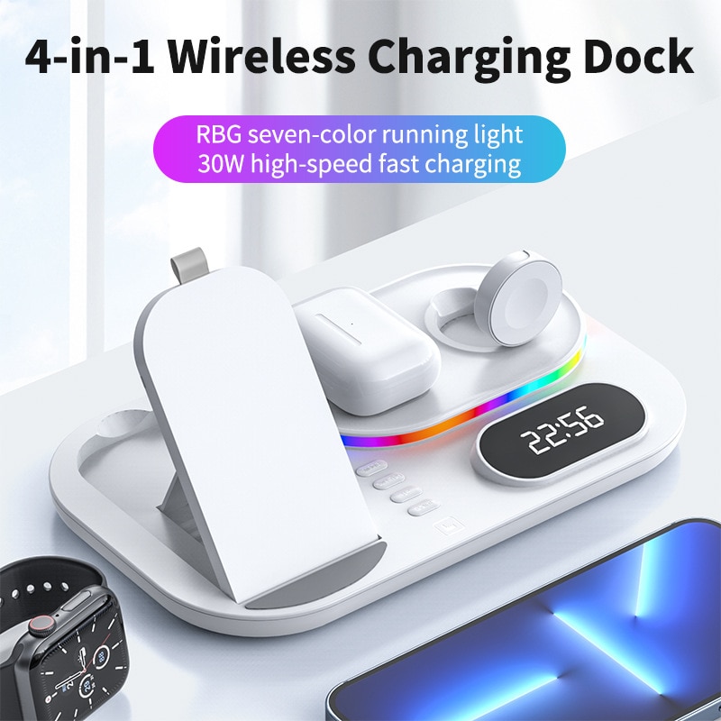 LED 4 in 1 Wireless Charger Dock Qi Fast Charging Station for Apple Watch Airpods iPhone 12 13 Pro Samsung S21 Note Mobile Phone