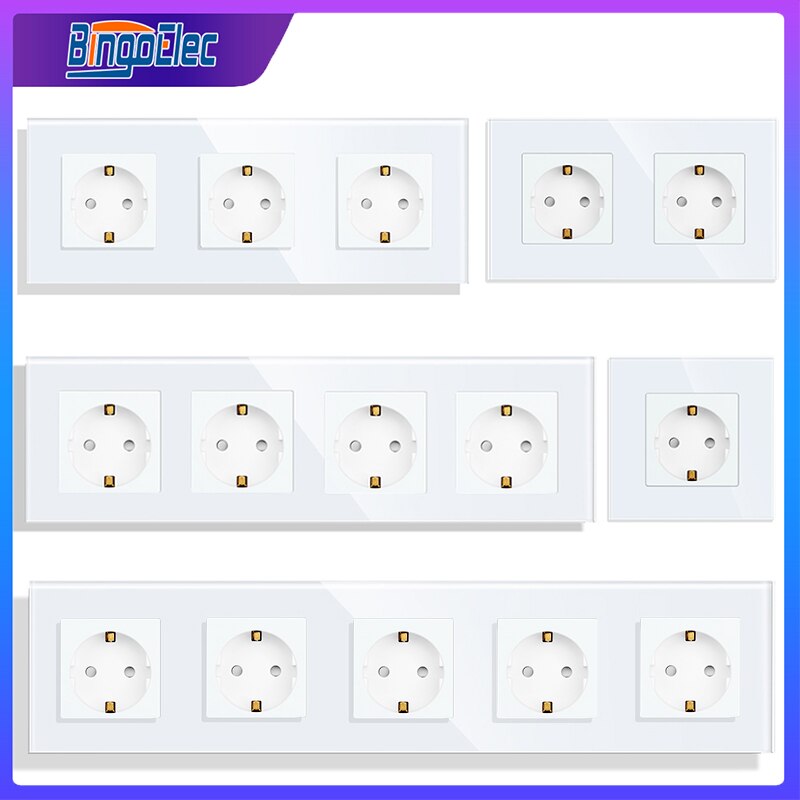 Bingoelec EU 16A European Wall Socket Glass Panel Wall Power Socket 85*85mm 220V White Black Socket 16A Socket Wall Outlet