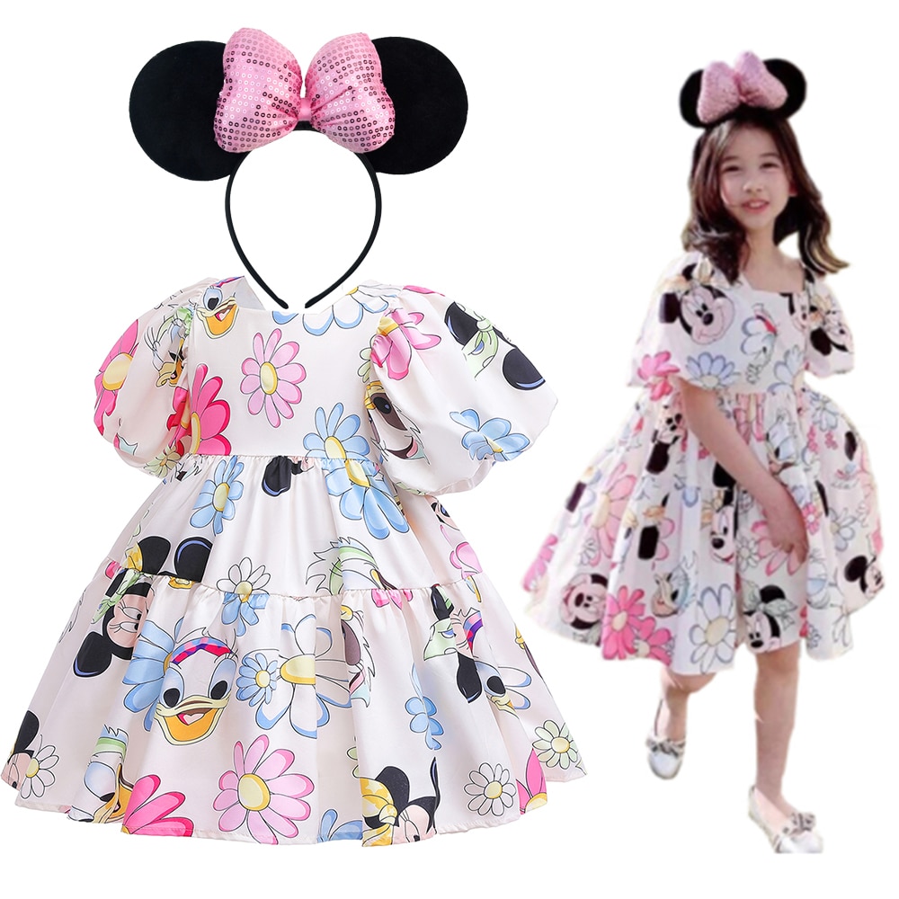 Summer Baby Girls Casual Dress Kids Toddler Mickey Minnie Mouse Daisy Cartoon Puff Sleeve Clothes Backless Cute Princess Dresses