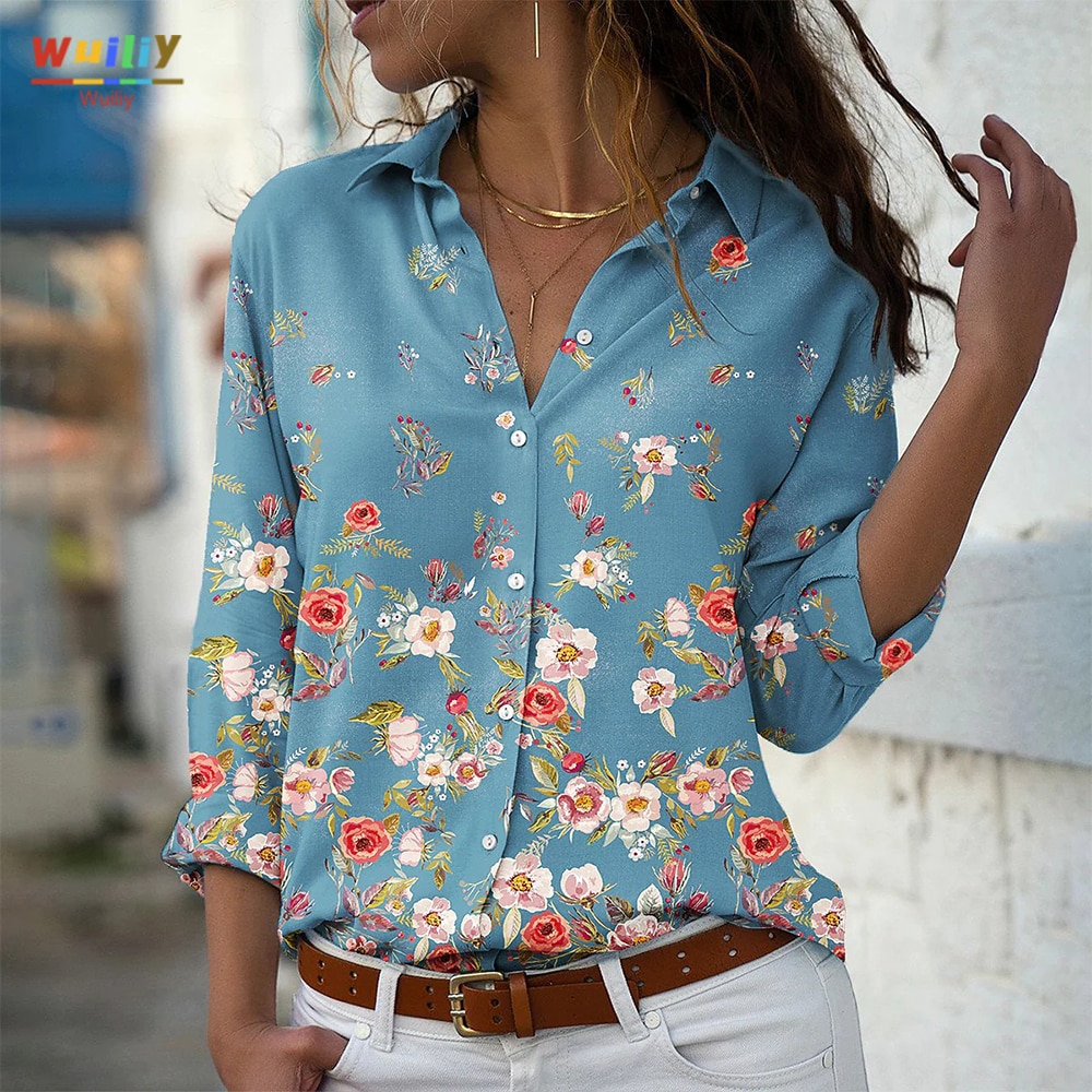 Women's Flower Graphic Theme Blouse Shirt Button Floral Print T-Shirt Collar Casual Bloom Streetwear Long Sleeves