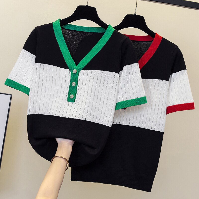 4XL size women elegant casual patchwork thin knitting T-shirt top 2022 v neck button oversized summer sweater pullover