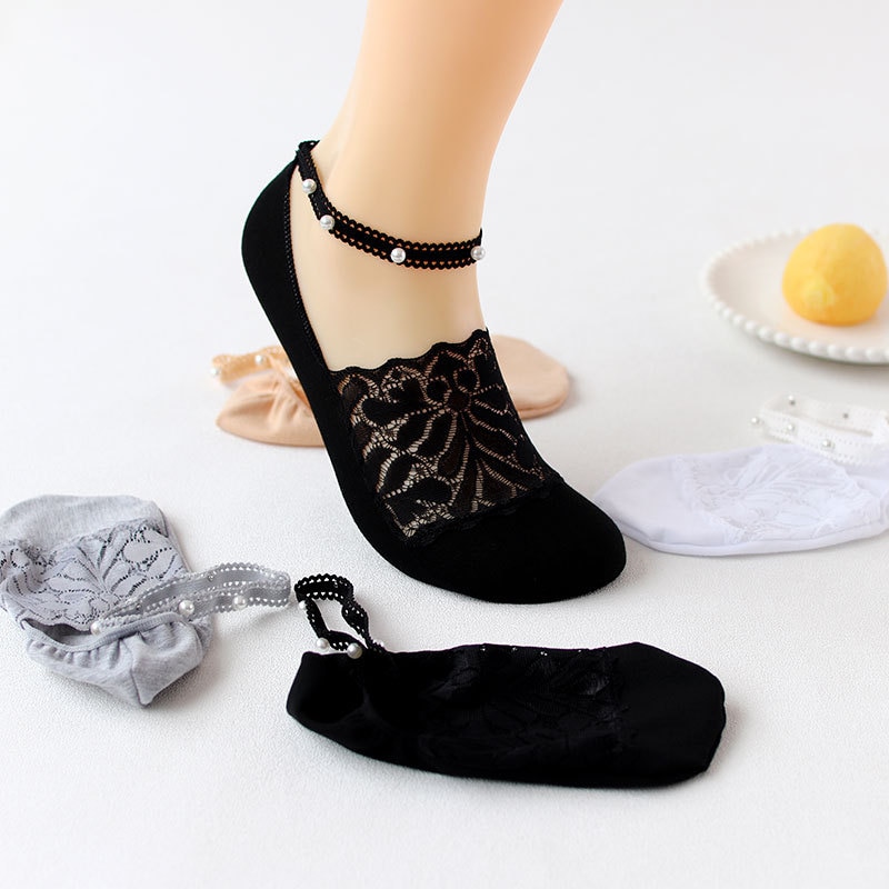 New Hot Women's Socks Fashion Ankle Female Breathable Thin Spring and Summer Deep Mouth Pearl Lace Edge Invisible Boat Sock