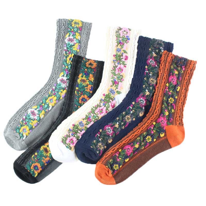 1Pairs Vintage Ethnic Flower Cotton Socks Spring Women Colorful Floral Comfortable Lady Calcetines Harajuku Girls Fall