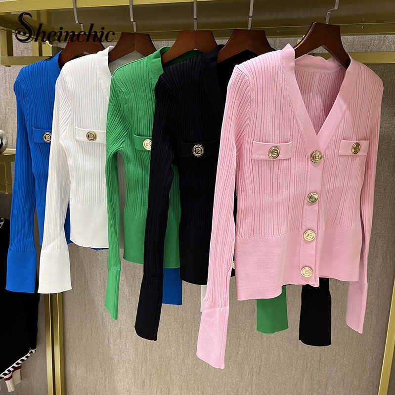 Designers New Autumn Clothes for Women 2022 Elegant Gold Buttons Knitted Sweater Women Casual V-neck Long Sleeve Top Mujer