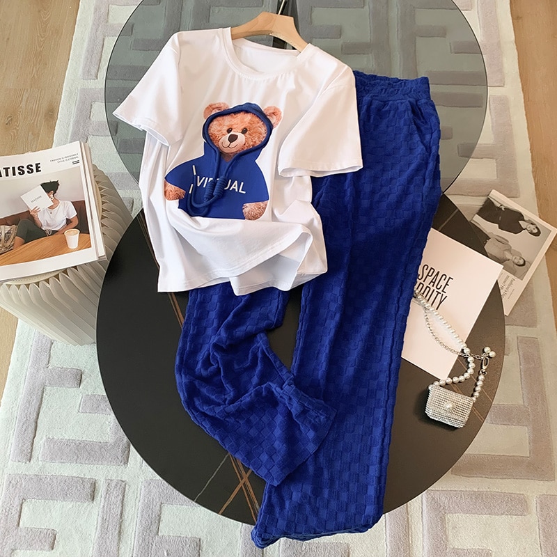 Two Piece Sets Womens Outifits Fashion 2022 Summer Loose Short Sleeved T-Shirt+Plaid Wide Leg Pants Suit Women Casual Tracksuit