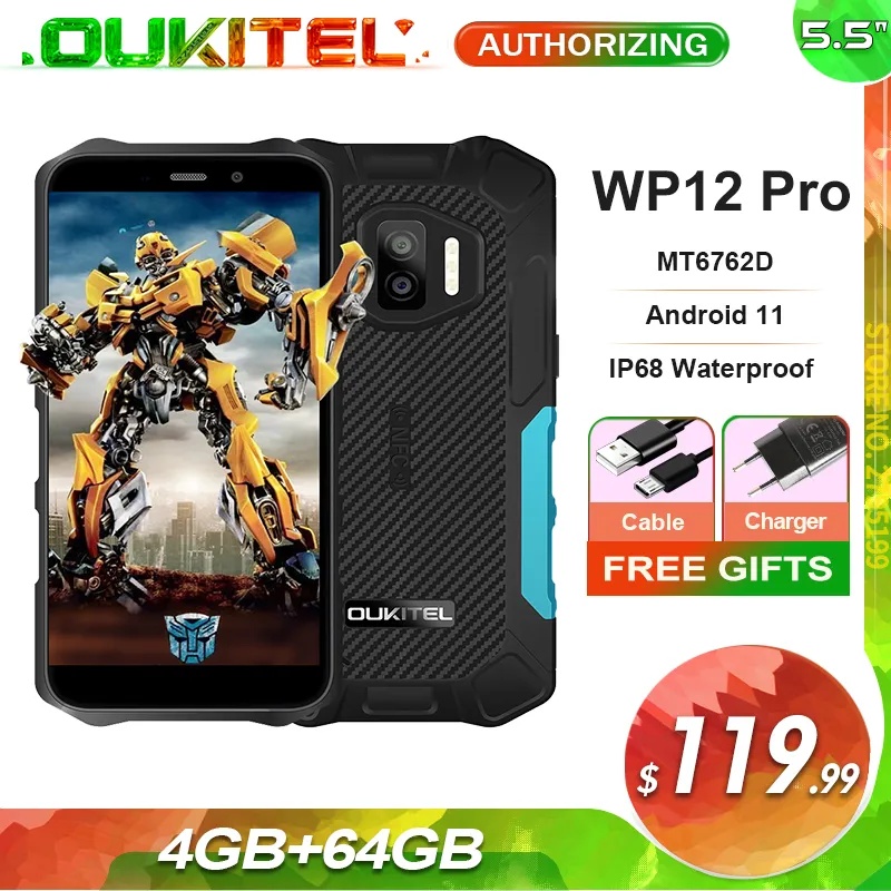 OUKITEL WP12 Pro 4GB+64GB IP68 Waterproof Smartphone Android 11 5.5'' HD+ 4000mAh NFC MT6762D Octa Core Rugged Mobile 