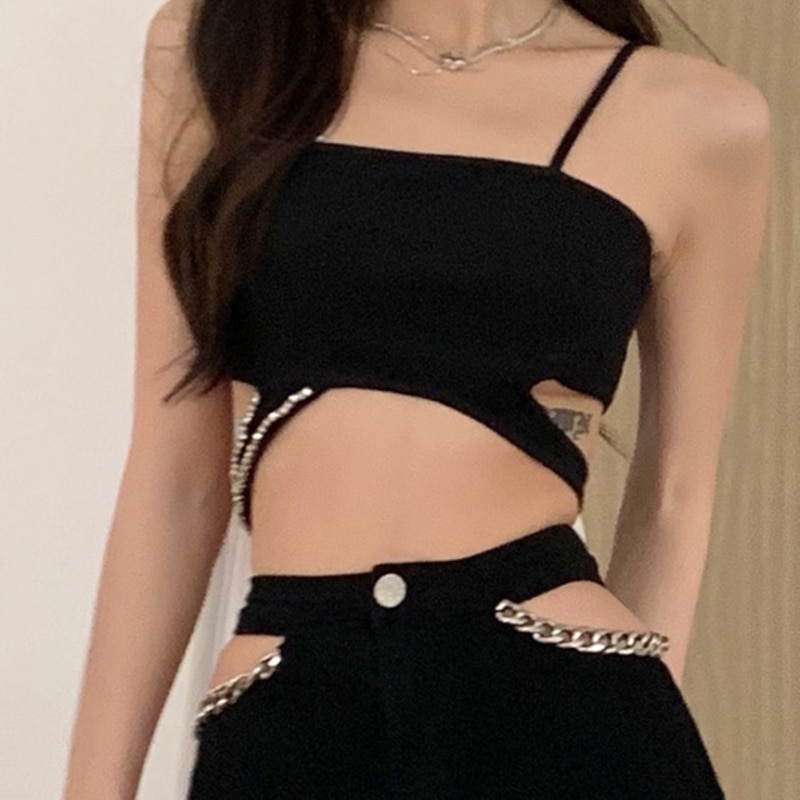 Trousers Suit for Women Summer Slim Fit Solid Color Stitching Sexy Cutout Korean Fashion Casual Sleeveless Houthion