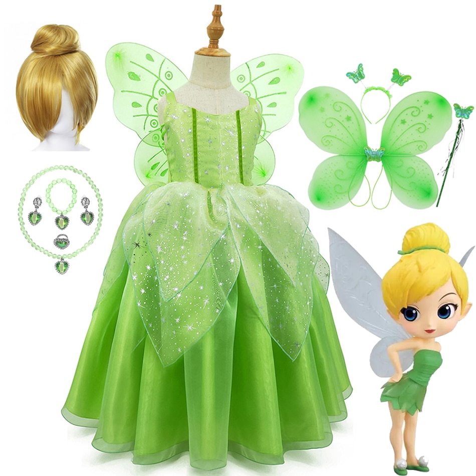 Disney Girl Flower Fairy Tinker Bell Dress Up Kids Princess Tinkerbell Costume With Wings Halloween Princess Costume Party Dress