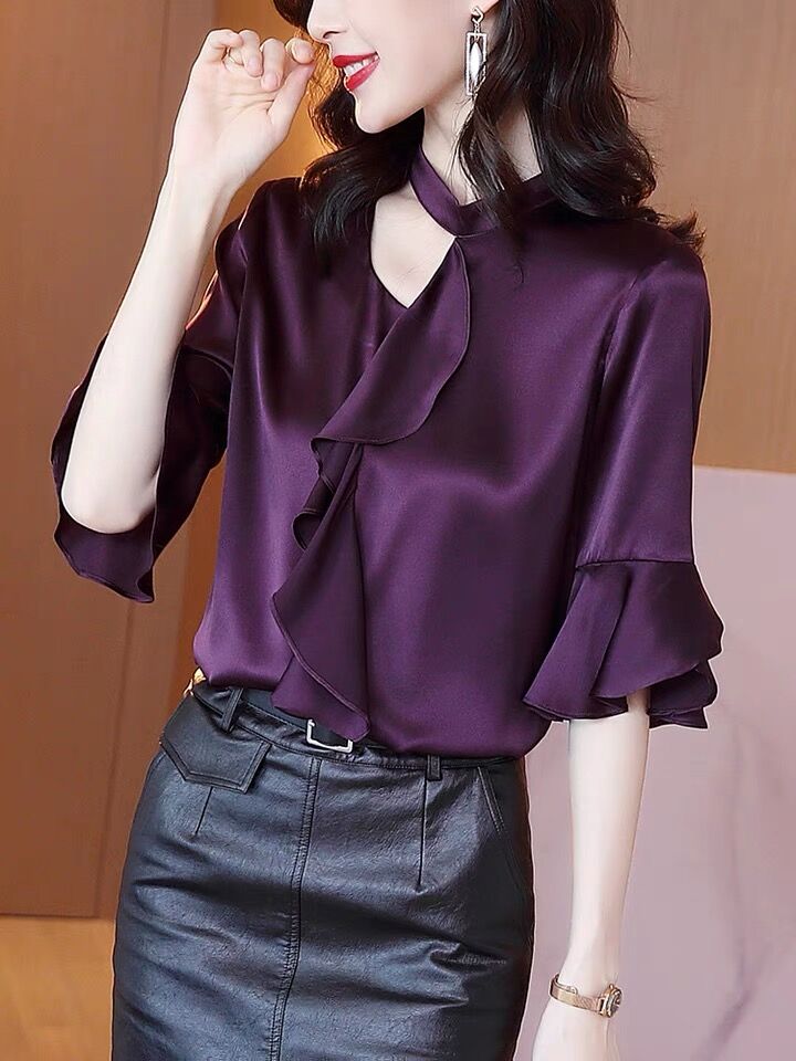 OL style women sexy lotus leaf half sleeves ice silk shirt Spring Summer elegant hollow out Ruffled acetate satin blouse tops