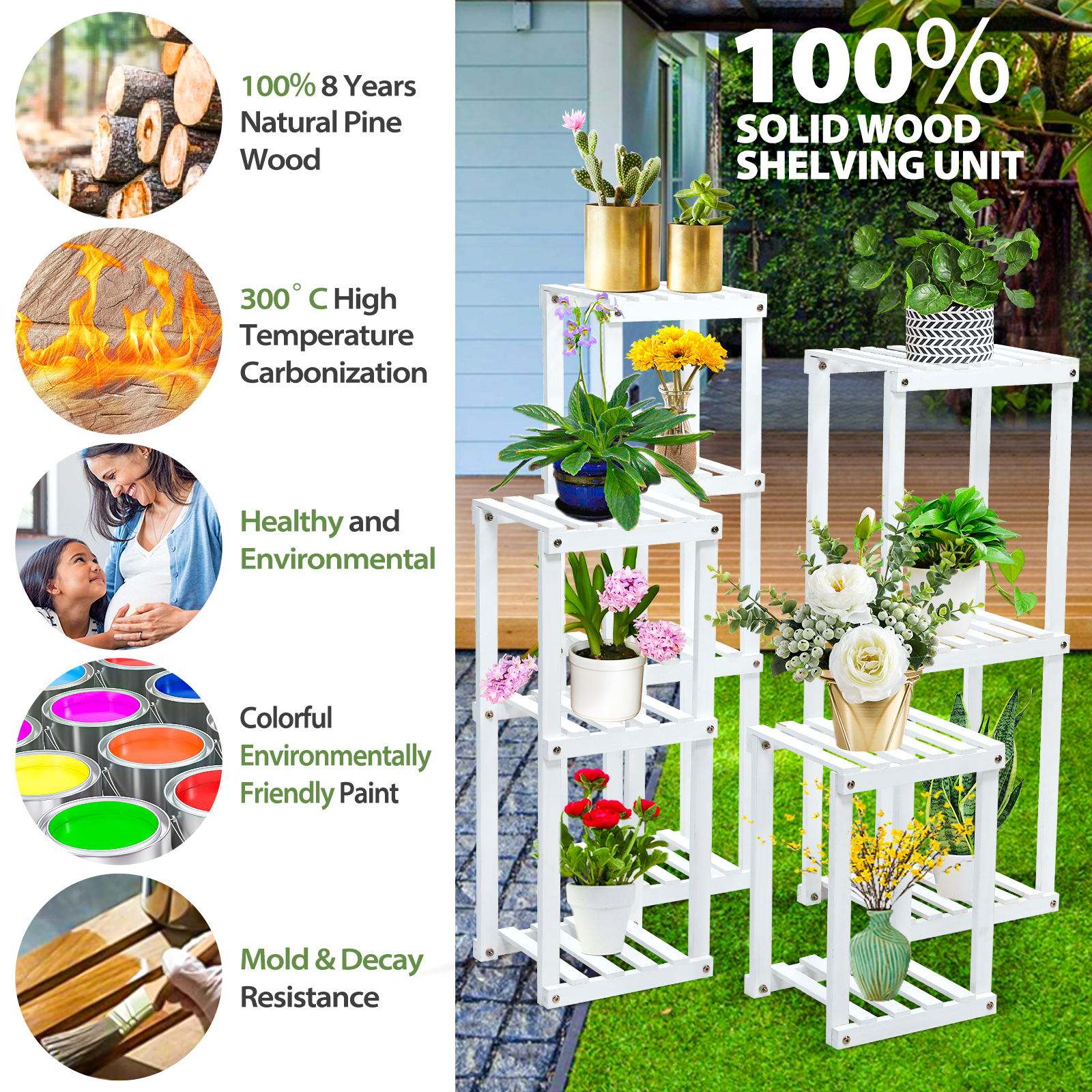 4/3/2Tier Plant Stand Rack Wooden Multiple Flower Pot Holder Shelf Indoor Outdoor Planter Display Shelving Unit for Patio 4 in 1