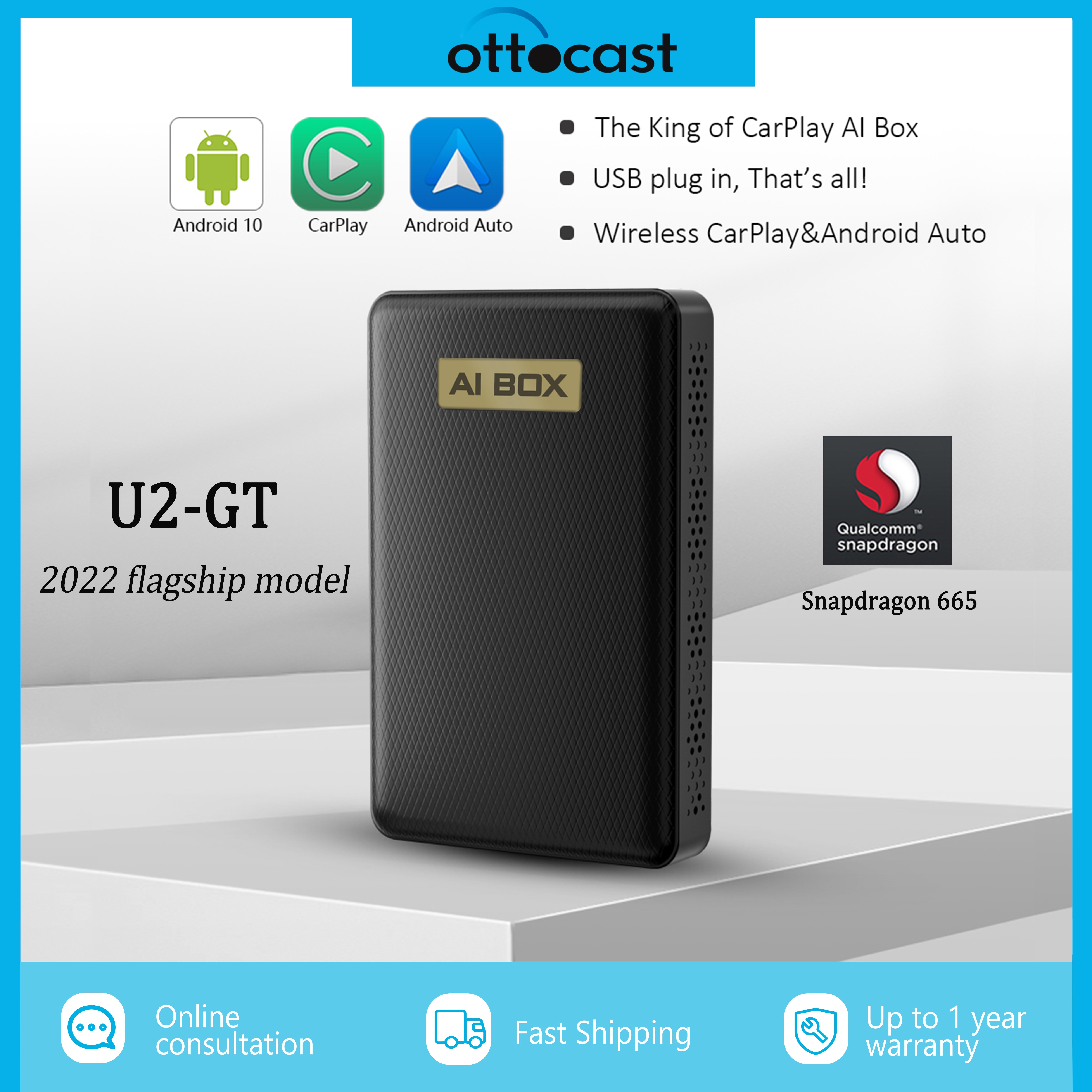 OTTOCAST U2 GT Wireless Android Auto CarPlay Ai Box Snapdragon 665 Android 10 Netflix IPTV TV Box for VW Toyota Hyundai Ford