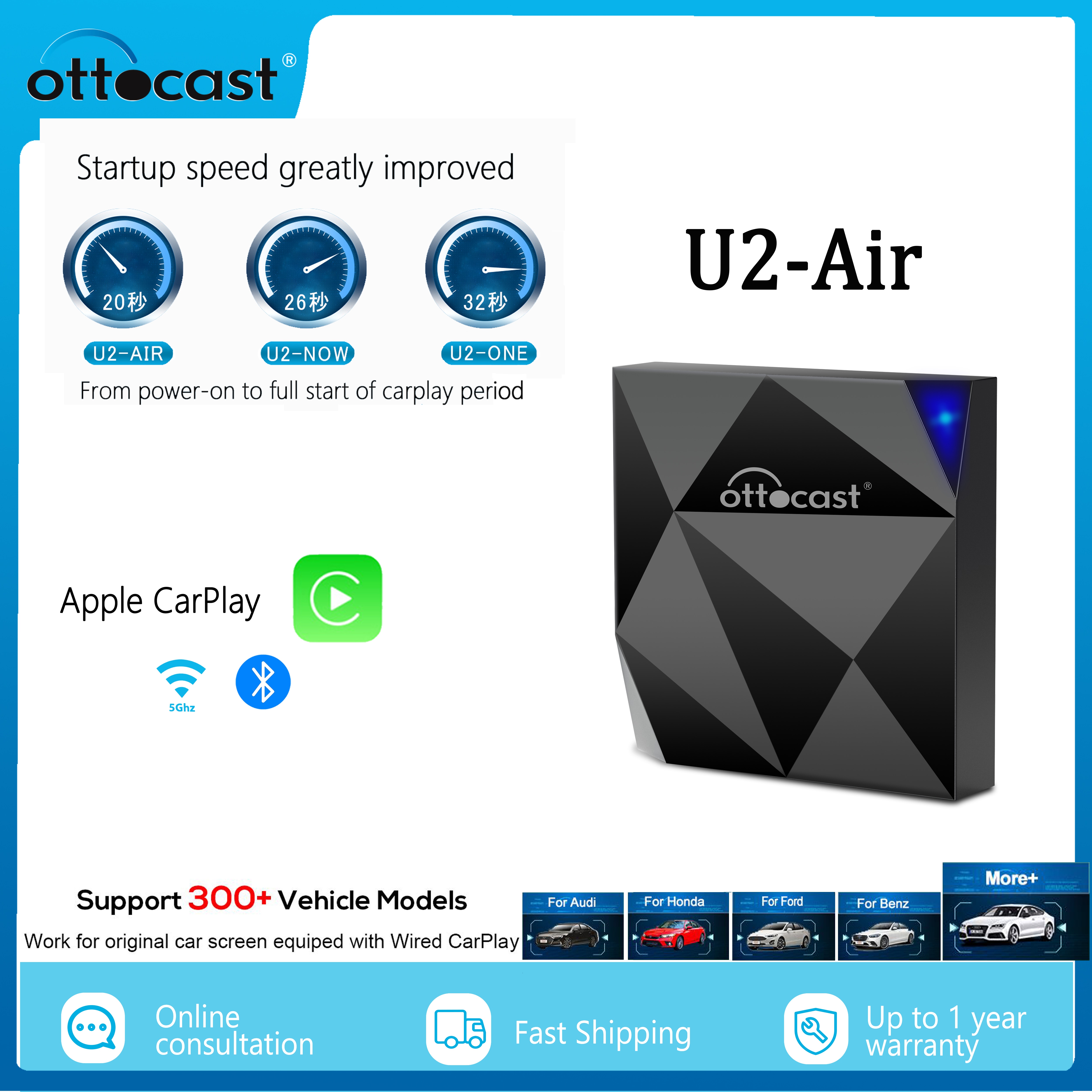 OTTOCAST U2 Air Wireless CarPlay Adapter CarPlay Dongle Activator Bluetooth USB Multimdia Player for Audi Toyota Volkswagen