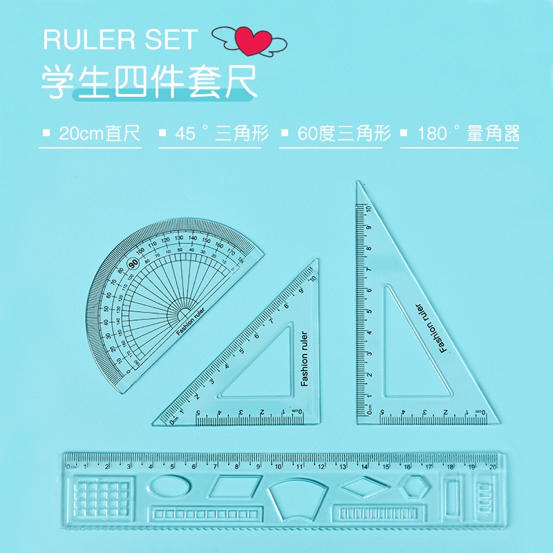 Hot Selling Recommended Multifunctional Transparent Ruler Wave Wholesale New 4 Piece Set of Student Supplies Ruler Set