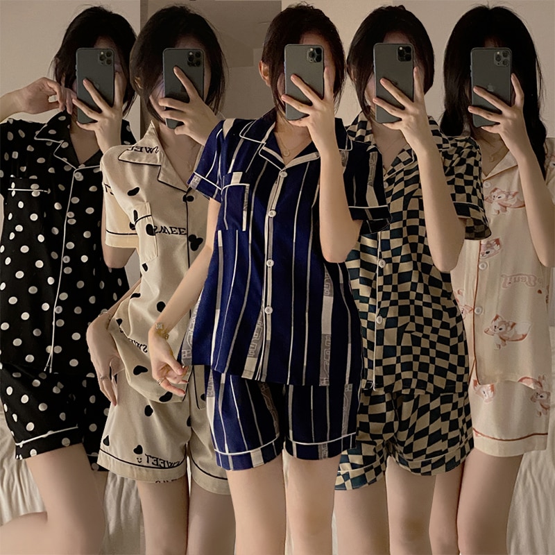 2022 Summer Silk Satin Short Sleeve Shorts Pajama Sets for Women Korean Sleepwear Suit Pyjama Homewear Pijama Mujer Home Clothes