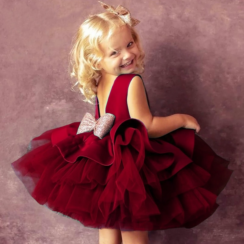Backless Flower Girls Dresses Big Bow Elegant Wedding Party Pageant Prom Gown Kids Princess Birthday Tulle Layered Dress