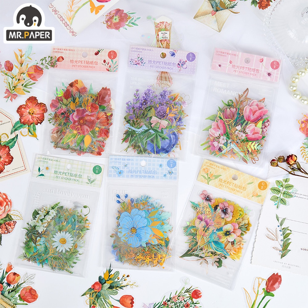 Mr.paper 6 Styles 40pcs/bag Aesthetic Flower Bronzing Stickers Creative Literary Plant Hand Account Material Decorative Stickers