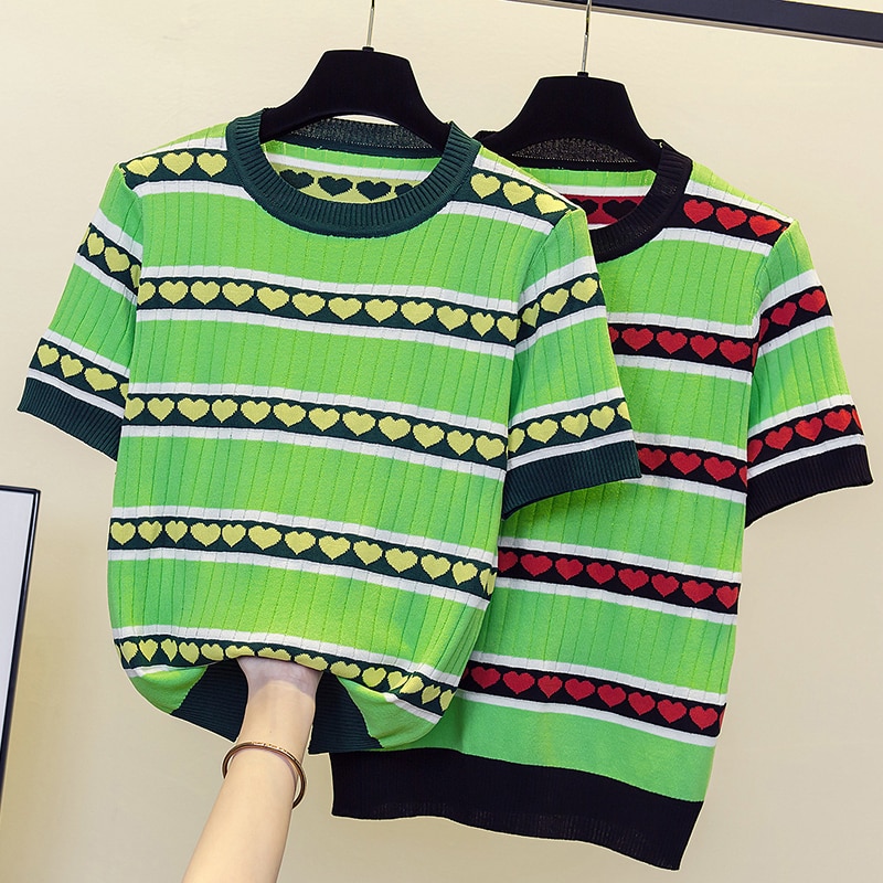 4XL women love print thin summer sweater pullover 2022 short sleeve o neck striped knitting jumper casual t-shirt