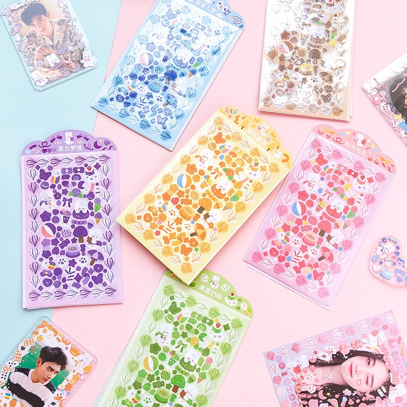 MOHAMM 4 Sheets Glitter Kawaii Decorative Sticker for Photo Frames DIY Art Crafts Scrapbooking Journaling Material