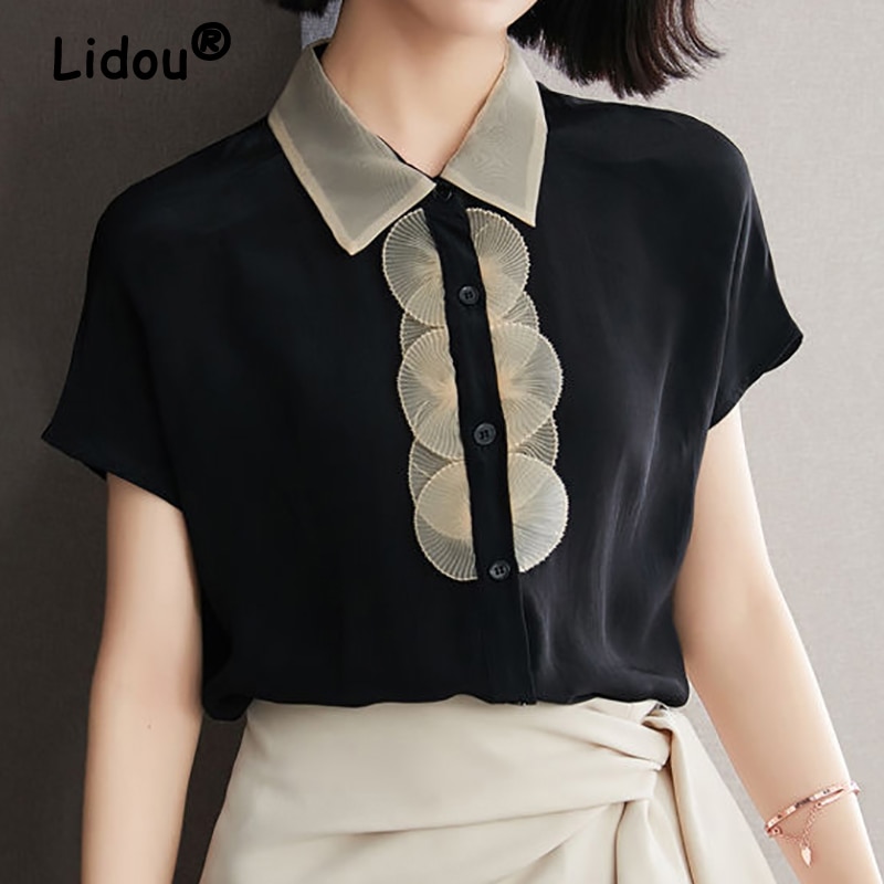 2022 Lace Short Sleeve Black Chiffon Blouse Spring Summer Korean Style Shirt for Female Professional Office Lady Casual Shirt