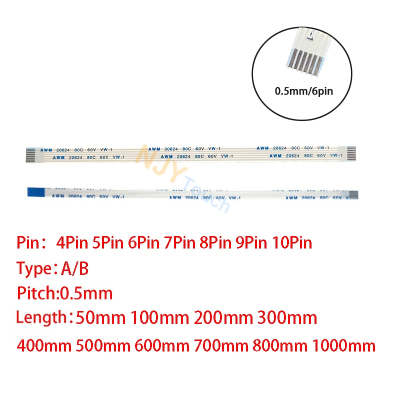 10Pcs 4P 5 6 7 8 9 10 12 14 16Pin 0.5mm Pitch FFC FPC AWM 20624 80C 60V VW-1 A B Type Flat Flexible Cable 50-1000MM