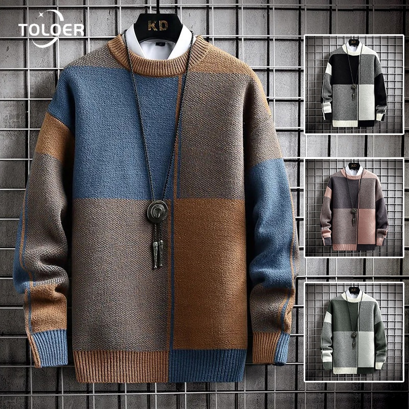 2023 Autumn Winter New Sweater Men Thick Warm Round Neck Pullover Patchwork Plaid Sweaters Mens Casual Loose Knitted Tops