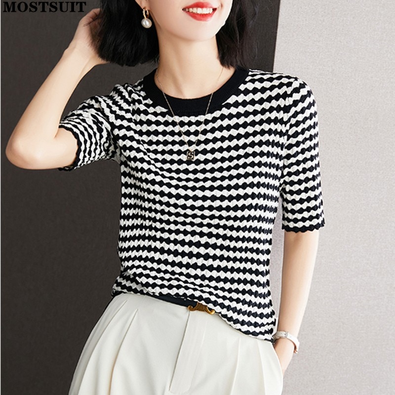 Summer Vintage Plaid Knit Sweater Pullover For Women 2022 Fashion Luxury Short Sleeve O-neck Top Korean Style Ladies Sweaters