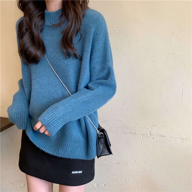 Autumn Women Half-Collar Knit Sweater New Soft Pullovers Winter Female Fashion Korean Loose Solid Color Long Sleeve Streetwear