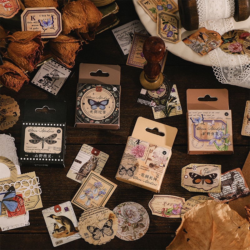 Journamm 46pcs/box Vintage Mini Box Stickers DIY Scrapbooking Decor Journaling Collage Photo Album Sealing Sticker Stationery