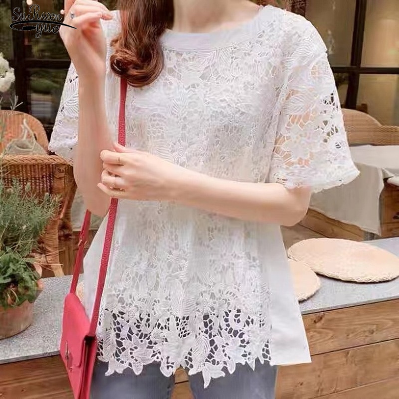 Women's Embroidery Blouses 2022 Casual O Neck Blusas Female Elegant Lace Tops Hollow Long Sleeve Summer Tunic Oversized 212